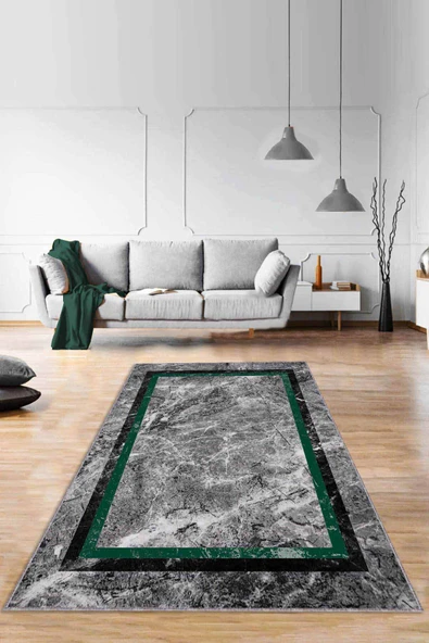 Yeşil Çerçeveli Kaymaz Taban Makinede Yıkanabilir Halı RV108 ürün görseli 1