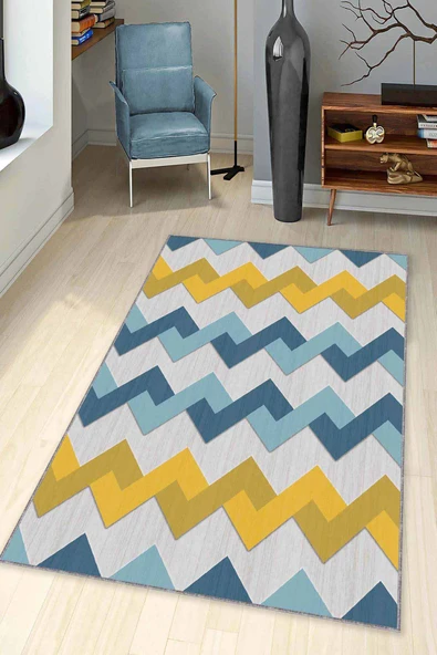 Sarı Turkuaz Zigzag Kaymaz Tabanlı Dekoratif Halı KN002 ürün görseli 1