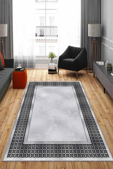 Gri Çerçeveli Kaymaz Tabanlı Makinede Yıkanabilir Halı AR734 ürün görseli 1