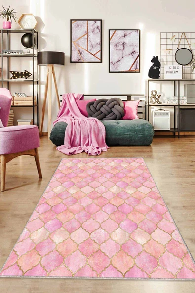 Pembe Fas Desen Kaymaz Taban Makinede Yıkanabilir Halı RV159 ürün görseli 1