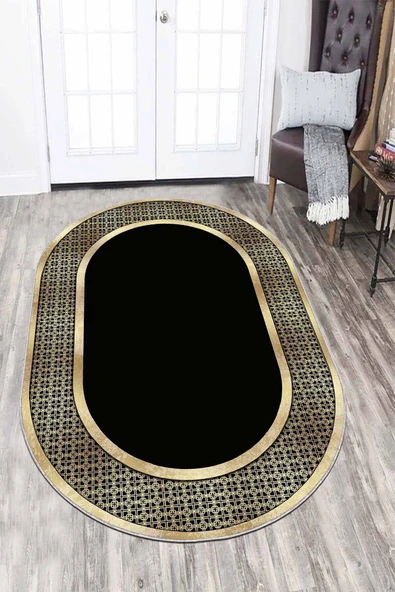 Siyah Gold Çerçeveli Kaymaz Tabanlı Hol Halısı Oval AR727 ürün görseli 1