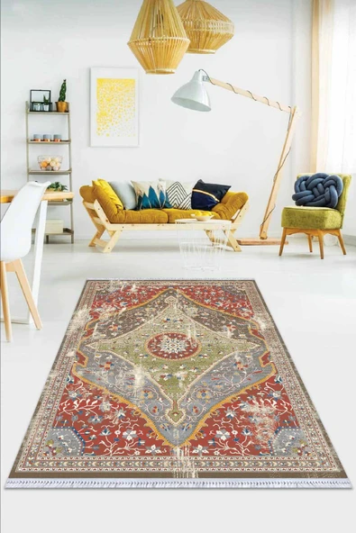 Renkli Klasik Göbekli Dokuma Pamuk Taban Kaymaz Kilim KLM253 ürün görseli 1