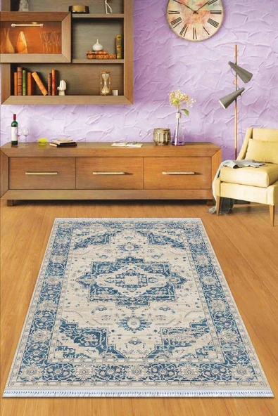 Mavi Klasik Göbekli Dokuma Pamuk Taban Kaymaz Kilim KLM228 ürün görseli 1