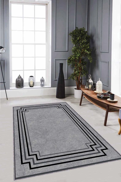 Gri Çerçeveli Kaymaz Tabanlı Makinede Yıkanabilir Halı RV049 ürün görseli 1