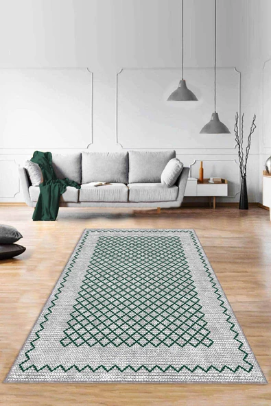 Yeşil Geometrik Kaymaz Taban Makinede Yıkanabilir Halı RV176 ürün görseli 1
