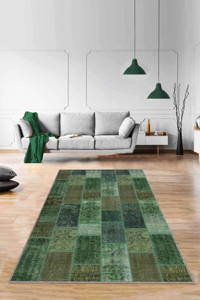Yeşil Patchwork Kaymaz Taban Makinede Yıkanabilir Halı RV226 ürün görseli 1