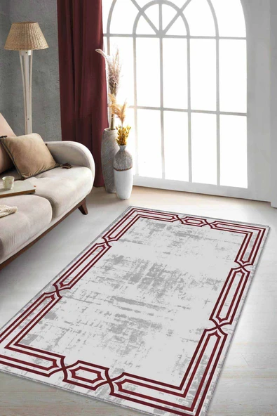 Bordo Çerçeveli Kaymaz Taban Makinede Yıkanabilir Halı RV079 ürün görseli 1