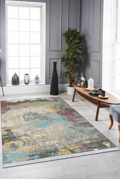 Çok Renkli Vintage Dokuma Pamuk Taban Kaymaz Kilim KLM201 ürün görseli 1