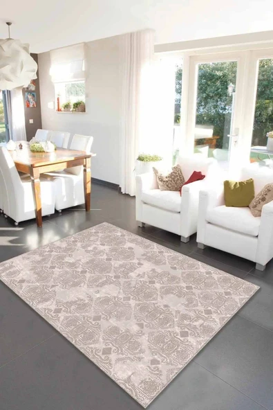 Bej Damask Desen Kaymaz Tabanlı Dekoratif Halı AL005 ürün görseli 1