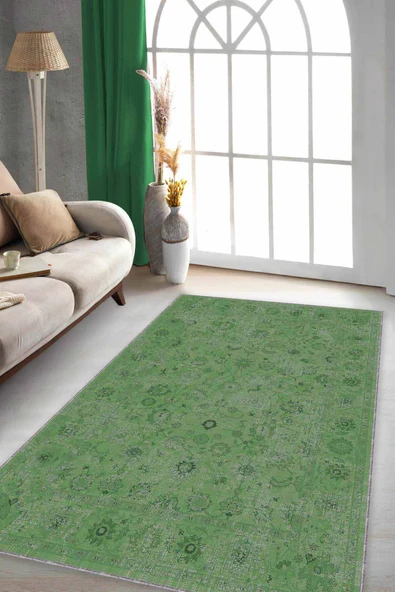 Yeşil Vintage Kaymaz Tabanlı Makinede Yıkanabilir Halı KR031 ürün görseli 1