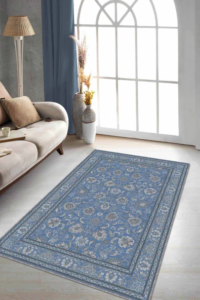 Mavi Vintage Kaymaz Tabanlı Makinede Yıkanabilir Halı RV291 ürün görseli 1