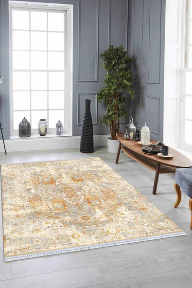 Turuncu Vintage Dokuma Pamuk Taban Kaymaz Kilim KLM205 ürün görseli 1