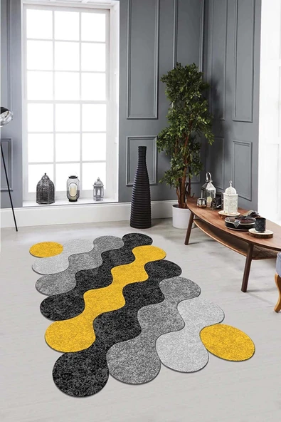 Sarı Daire Desenli Kaymaz Tabanlı Lazer Kesim Halı LZ25 ürün görseli 1