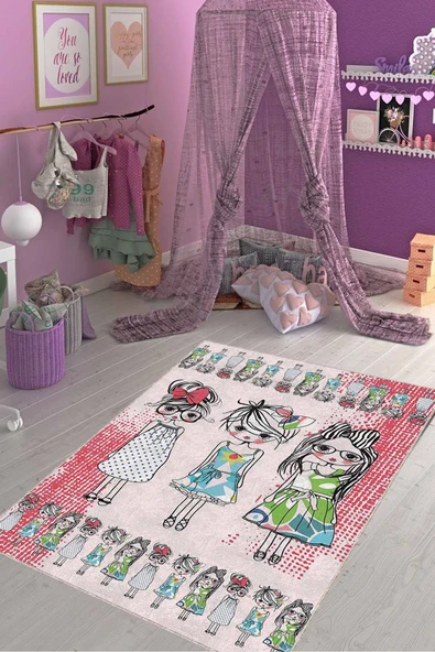 Pembe Kaymaz Tabanlı Yıkanan Prensesli Çocuk Halısı KD112 ürün görseli 1