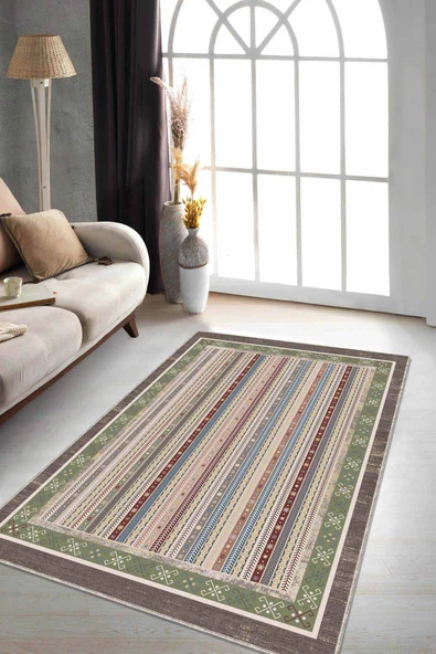 Yeşil Otantik Kaymaz Tabanlı Makinede Yıkanabilir Halı RV273 ürün görseli 1