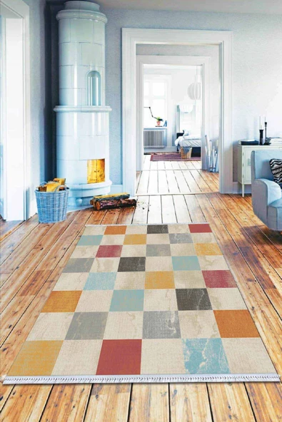Çok Renkli Spor Dokuma Pamuk Taban Kaymaz Kilim KLM060 ürün görseli 1