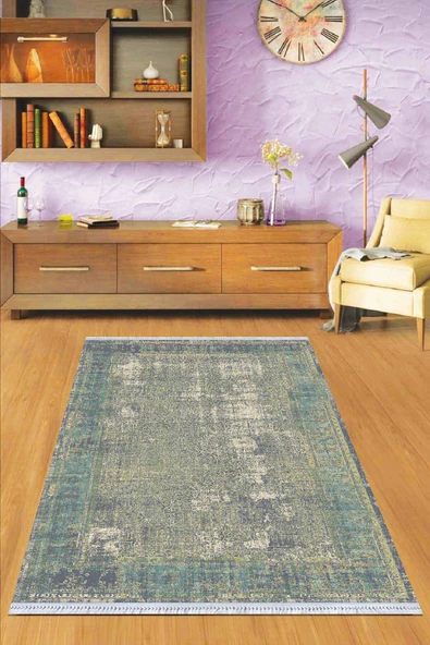 Yeşil Çerçeveli Dokuma Pamuk Taban Kaymaz Kilim KLM186 ürün görseli 1