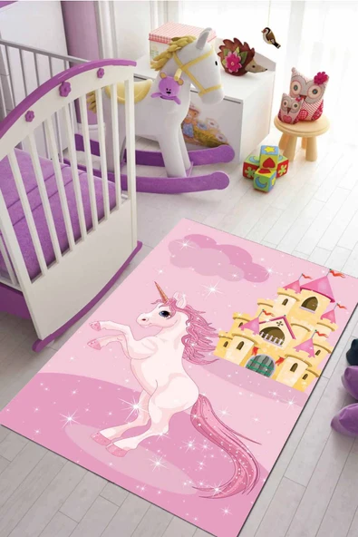 Pembe Kaymaz Tabanlı Yıkanabilir Unicorn Çocuk Halısı KD123 ürün görseli 1