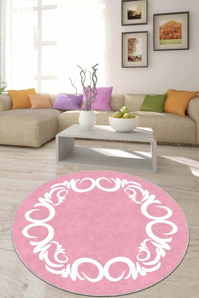Pembe Çerçeveli Kaymaz Tabanlı Yuvarlak Yolluk Halı AR519 ürün görseli 1