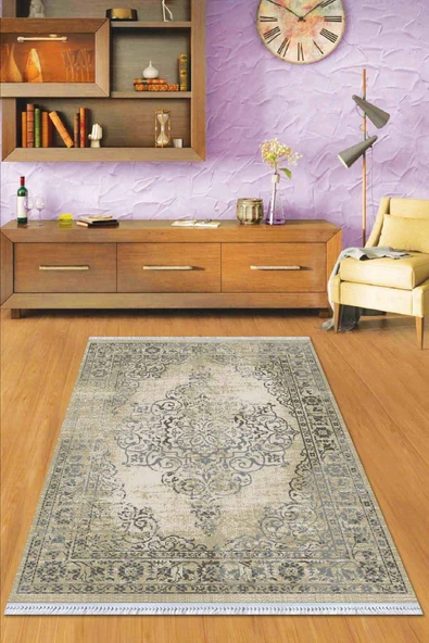 Bej Klasik Göbekli Dokuma Pamuk Taban Kaymaz Kilim KLM072 ürün görseli 1