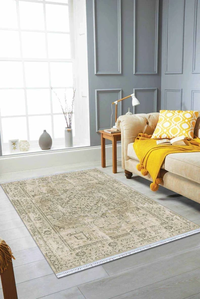 Krem Vintage Dokuma Pamuk Tabanlı Kaymaz Kilim KLM234 ürün görseli 1