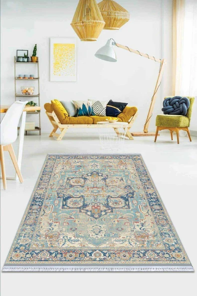Mavi Vintage Dokuma Pamuk Tabanlı Kaymaz Kilim KLM351 ürün görseli 1