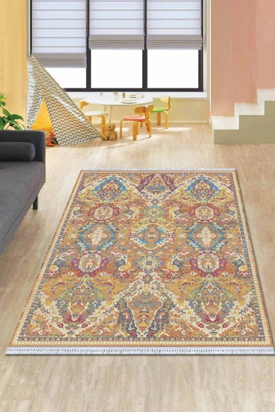 Çok Renkli Vintage Dokuma Pamuk Taban Kaymaz Kilim KLM211 ürün görseli 1