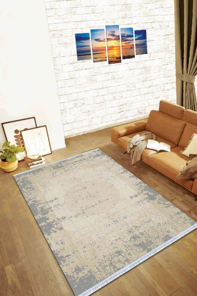 Krem Vintage Dokuma Pamuk Tabanlı Kaymaz Kilim KLM058 ürün görseli 1