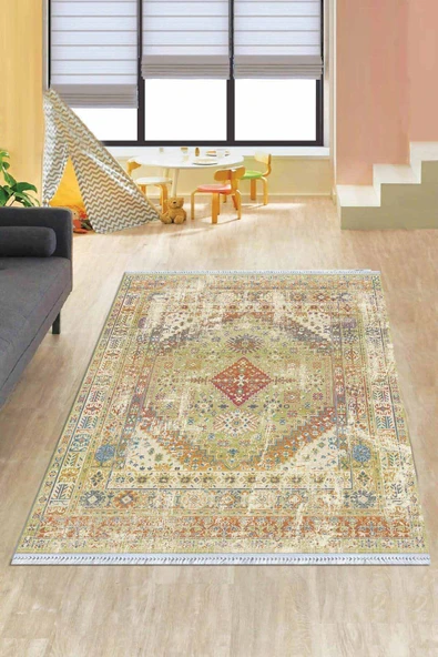 Yeşil Klasik Göbekli Dokuma Pamuk Taban Kaymaz Kilim KLM110 ürün görseli 1