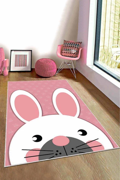 Pembe Yıkanabilir Kaymaz Tabanlı Tavşanlı Bebek Halısı KD003 ürün görseli 1