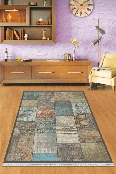 Mavi Patchwork Dokuma Pamuk Taban Kaymaz Kilim KLM071 ürün görseli 1