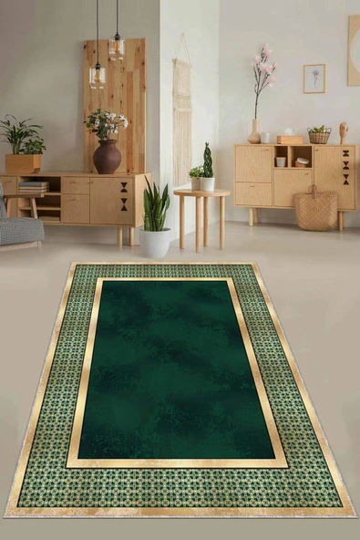 Yeşil Çerçeveli Kaymaz Taban Makinede Yıkanabilir Halı AR730 ürün görseli 1