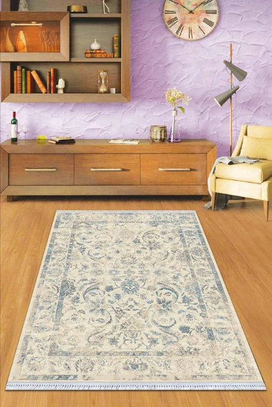 Mavi Çerçeveli Dokuma Pamuk Taban Kaymaz Kilim KLM239 ürün görseli 1