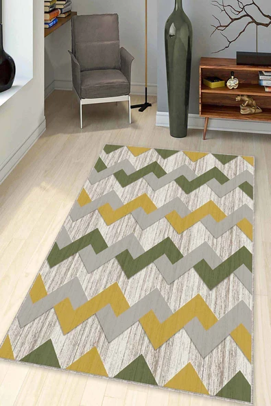 Yeşil Sarı Zigzag Kaymaz Tabanlı Dekoratif Halı KN006 ürün görseli 1