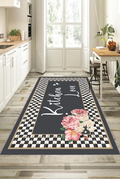 Antrasit Kaymaz Tabanlı Kitchen Love Mutfak Halısı VH092 ürün görseli 1