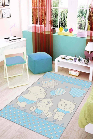 Mavi Kaymaz Tabanlı Yıkanabilir Ayıcıklı Bebek Halısı KD16 ürün görseli 1