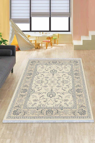 Krem Çerçeveli Dokuma Pamuk Taban Kaymaz Kilim KLM171 ürün görseli 1