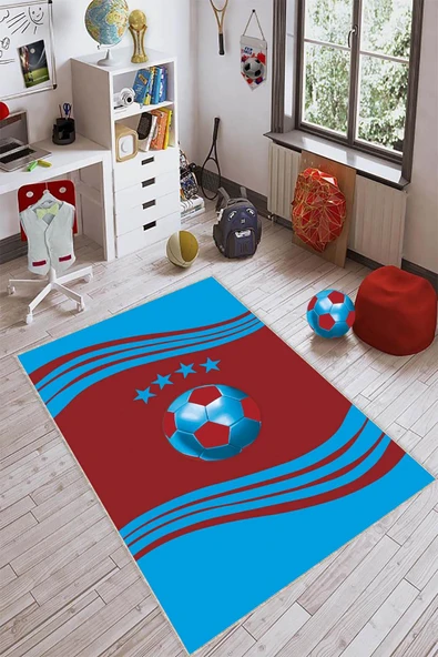 Bordo Ve Mavi Kaymaz Tabanlı Yıkanır Taraftar Halısı VH053 ürün görseli 1