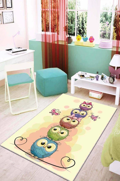 Sarı Kaymaz Tabanlı Yıkanabilir Baykuşlu Çocuk Halısı AR061 ürün görseli 1