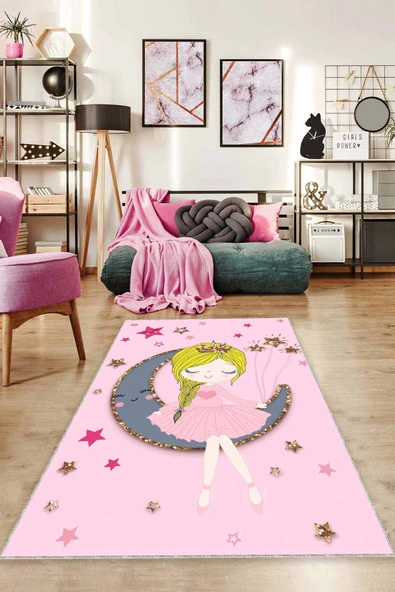Pembe Kaymaz Tabanlı Aya Oturan Kız Çocuk Halısı CK050 ürün görseli 1