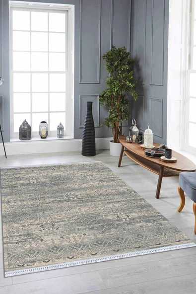 Gri Spor Desen Dokuma Pamuk Taban Kaymaz Kilim KLM260 ürün görseli 1