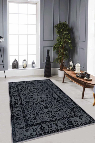 Antrasit Vintage Kaymaz Tabanlı Dekoratif Halı RV287 ürün görseli 1