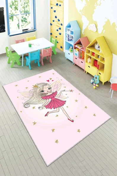 Pembe Kaymaz Tabanlı Yıkanan Prensesli Çocuk Halısı AR055 ürün görseli 1