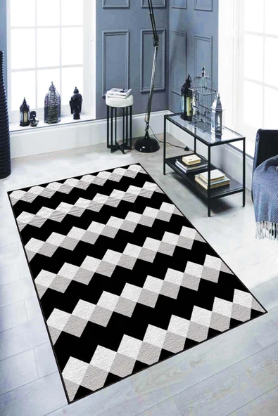 Siyah Zigzag Kaymaz Tabanlı Makinede Yıkanabilir Halı AR324 ürün görseli 1