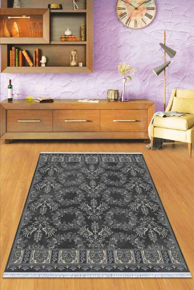 Antrasit Vintage Dokuma Pamuk Taban Kaymaz Kilim KLM220 ürün görseli 1
