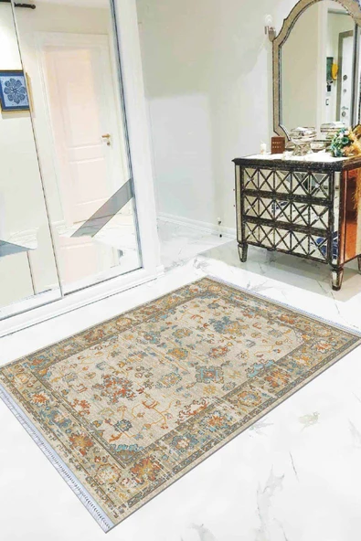 Sarı Çerçeveli Dokuma Pamuk Taban Kaymaz Kilim KLM190 ürün görseli 1