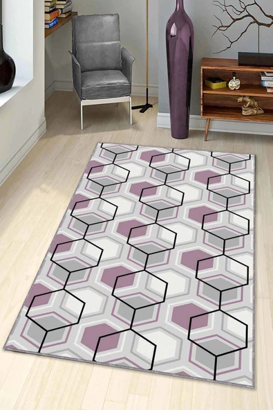 Pembe Petek Kaymaz Tabanlı Makinede Yıkanabilir Halı BE06 ürün görseli 1