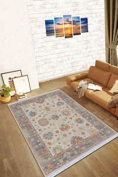 Çok Renkli Çerçeveli Dokuma Pamuk Taban Kaymaz Kilim KLM153 ürün görseli 1