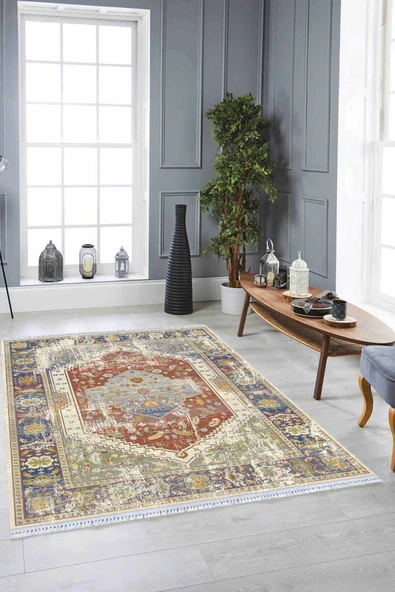 Taba Klasik Göbekli Dokuma Pamuk Taban Kaymaz Kilim KLM188 ürün görseli 1