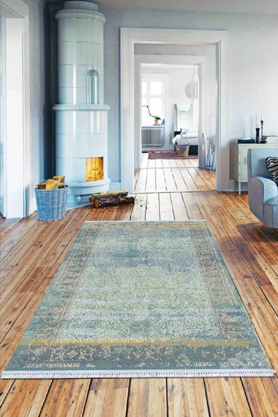 Mavi Çerçeveli Dokuma Pamuk Taban Kaymaz Kilim KLM187 ürün görseli 1